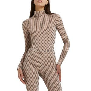 River Island Top Womens 6 Beige Turtleneck Long Sleeve Bodysuit Honeycomb